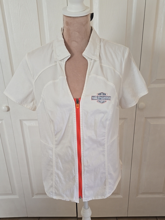 Harley-Davidson Tops - WOMENS Large Harley-Davidson White Short Sleeve Button Down Shirt w/ Orange Zip